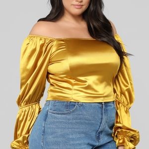 Fashion Nova Metallic crop top | I Like Me Better Long Sleeve Top Mustard / Gold